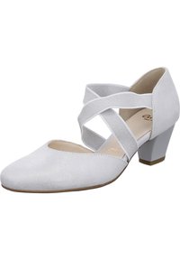 Light gray textured dress shoe with a pointed toe, cross-strap design, and a low block heel. Satin-like material enhances visual appeal.