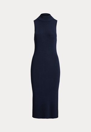 Abito senza maniche di colore blu navy con lavorazione a costine, caratterizzato da un collo alto e una silhouette aderente, realizzato in un materiale a maglia testurizzato.