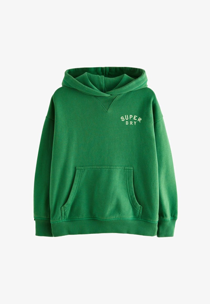 Sudadera verde con capucha y bolsillo frontal, puños y dobladillo acanalados. Presenta el logotipo "SUPER DRY" en bordado blanco en el pecho. Material de mezcla de algodón.