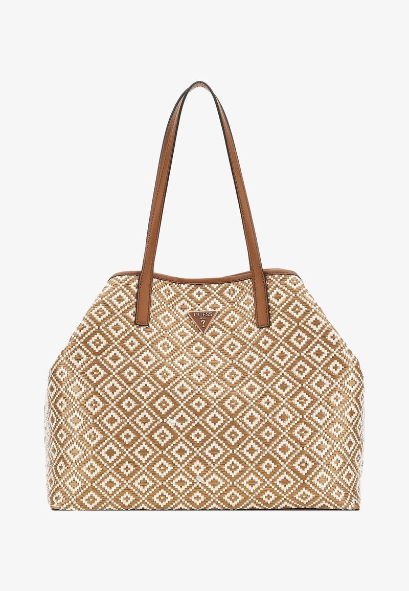 Borsa a rete con motivo a diamante in beige e bianco, dotata di manici in pelle marrone e una placca con logo. Design strutturato, ampio interno.