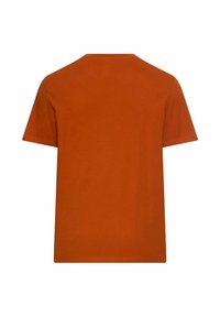 En ensfarvet, brændt orange T-shirt med korte ærmer set fra ryggen, med rund halsudskæring på en hvid baggrund.