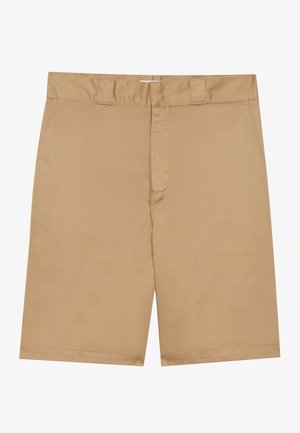 Calções caqui com uma cintura plana, fecho de correr à frente e bolsos laterais; feitos de um tecido liso e leve com uma textura subtil.