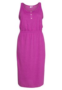 Robe violette sans manches avec encolure dégagée, patte de boutonnage et taille élastique. Confectionnée en tissu doux, longueur jusqu'aux genoux, coupe décontractée.