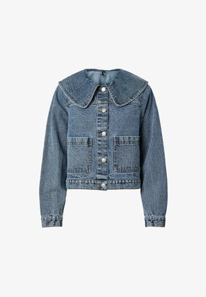 Veste en denim bleu clair, avec un grand col pointu, des manches longues et une fermeture à boutons sur le devant avec deux poches poitrine.