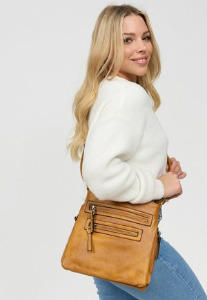 Brown leather crossbody bag with multiple zippered pockets, flat shape, and textured surface. Adjustable strap and metal hardware accents.