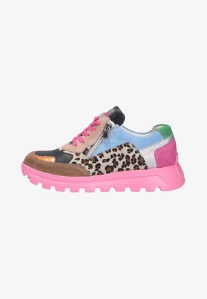 Low-top sneaker with pink sole, leopard print sides, blue, green, brown, pink, and metallic panels, pink laces, and side zipper.