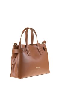 Borsa a tracolla in pelle marrone con manici doppi, una texture liscia e sottili dettagli in oro. Presenta un design strutturato con cinturini laterali.