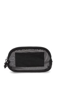 Borsa cosmetica in rete nera con chiusura a zip, caratterizzata da una patch in accentato nero e una cerniera a pallina rotonda. Design leggero e texturizzato.