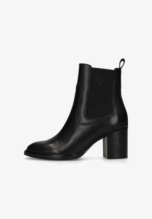 Black leather ankle boot with a rounded toe, elastic side panels, and a block heel. Features a pull tab for easy wear.