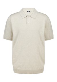 Polo a maniche corte di colore beige chiaro, realizzato in tessuto morbido. Caratterizzato da un colletto classico, tre bottoni sulla scollatura e orlo a costine.