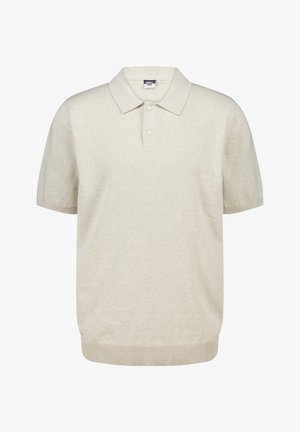 Short-sleeve polo shirt in light beige, made of soft fabric. Features a classic collar, three buttons at the neckline, and ribbed hem.