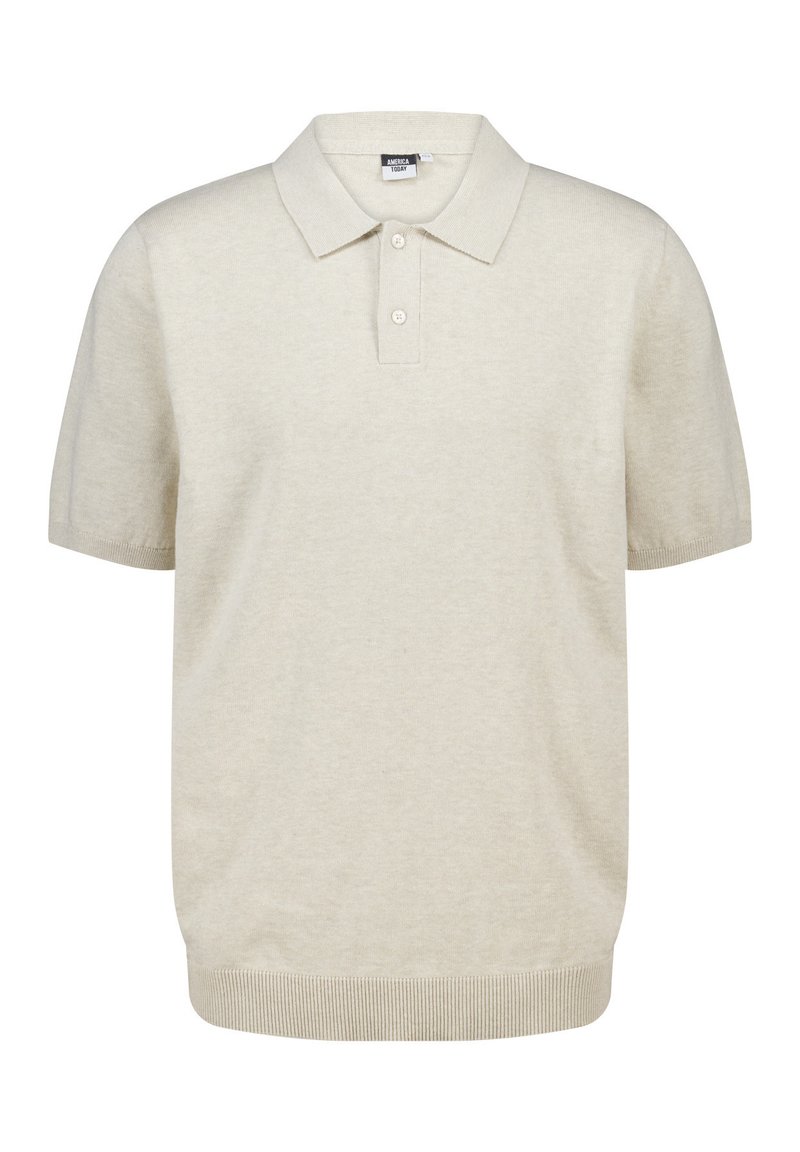 Polo a maniche corte di colore beige chiaro, realizzato in tessuto morbido. Caratterizzato da un colletto classico, tre bottoni sulla scollatura e orlo a costine.