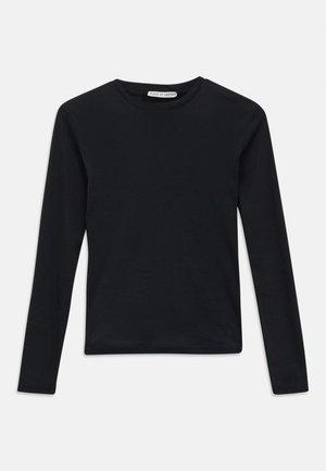 Black long-sleeve crew neck shirt with slim fit, plain design, and a small "Tiger of Sweden" label inside the collar.