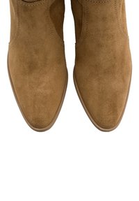 Bottines en daim marron avec un bout pointu, des détails cousus, et une semelle en caoutchouc lisse. Pas de ferrures ni de motifs visibles.