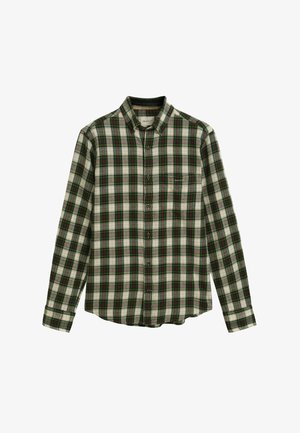 Camicia a quadri verde e bianca con maniche lunghe, materiale in cotone, dotata di taschino sul petto e colletto.