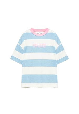 PULL&BEAR, OVERSIZE STRIPED WITH CONTRAST COLLAR AND GRAPHIC PRINT - T-SHIRT - T-shirt imprimé - light blue