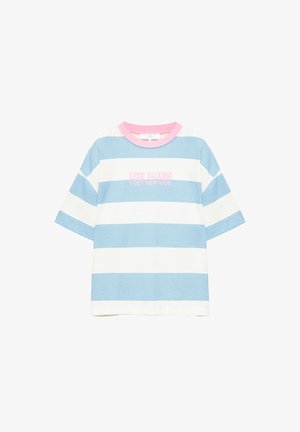 PULL&BEAR, OVERSIZE STRIPED WITH CONTRAST COLLAR AND GRAPHIC PRINT - T-SHIRT - T-shirt imprimé - light blue