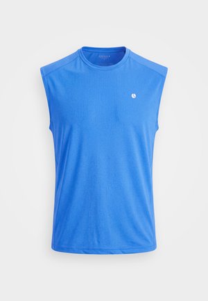 Blue sleeveless athletic shirt with round neck and small white logo on left chest, displayed against a plain light background.