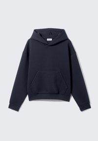 Sweat-shirt à capuche bleu marine en coton doux, doté d'une poche frontale, de poignets côtelés et d'une coupe décontractée. Pas de marquage visible à l'extérieur.