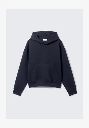 Navy hooded sweatshirt in soft cotton blend, featuring a front pocket, ribbed cuffs, and a relaxed fit. No visible branding on the exterior.