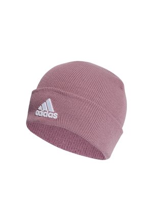 Berretto di lana rosa lavorato a maglia, con vestibilità aderente e risvolto, caratterizzato dal logo Adidas bianco sul lato per un tocco di brand.