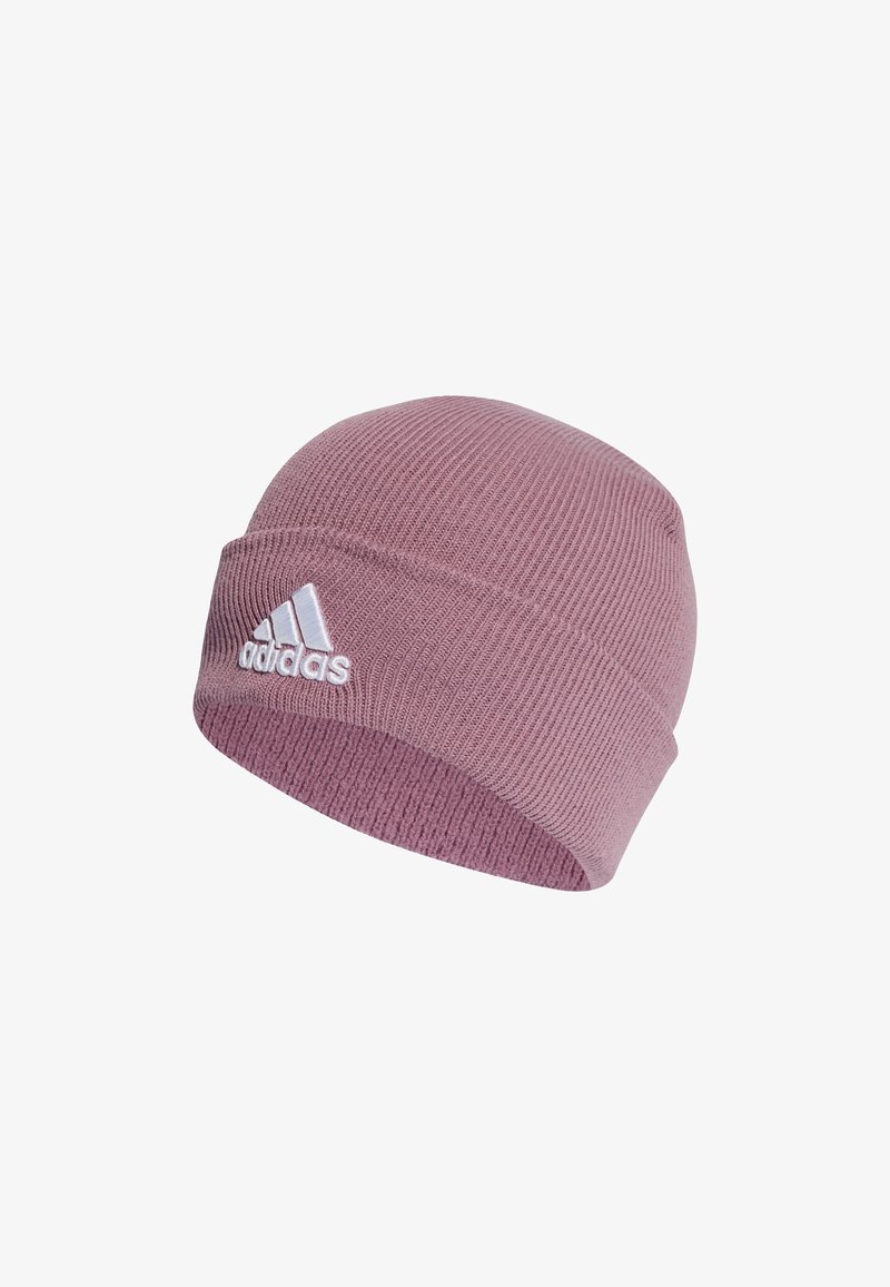 Berretto di lana rosa lavorato a maglia, con vestibilità aderente e risvolto, caratterizzato dal logo Adidas bianco sul lato per un tocco di brand.