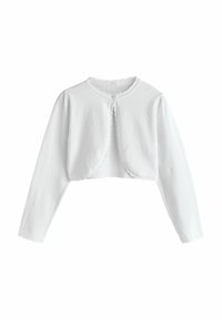 Cárdigan corto blanco con mangas largas, hecho de una tela suave. Presenta bordes ondulados y un cierre de un solo botón en la parte delantera.