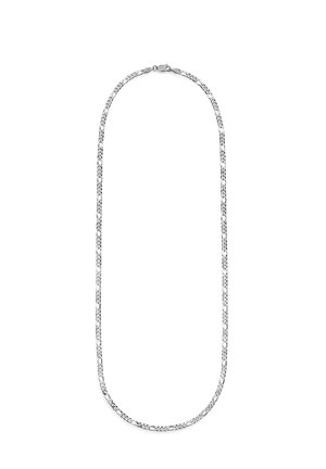 Silberne Halskette mit flachen, eng verbundenen ovalen Gliedern und einem Karabinerverschluss auf weißem Hintergrund.