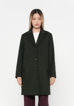 Manteau en laine mélangée vert foncé avec un col cranté, fermeture à cinq boutons et deux poches avant. Texture lisse et coupe ajustée.