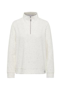 Pull en molleton blanc avec un col montant, fermeture éclair 1/4 et texture mouchetée. Présente une coupe ample et des poignets et un ourlet côtelés.