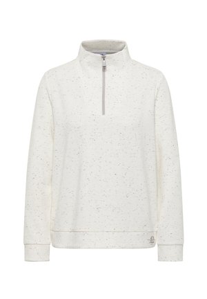 Pull en molleton blanc avec un col montant, fermeture éclair 1/4 et texture mouchetée. Présente une coupe ample et des poignets et un ourlet côtelés.