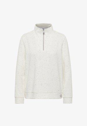 Sudadera blanca de cuello alto, con cremallera 1/4 y textura moteada. Presenta un corte holgado y puños y dobladillo acanalados.