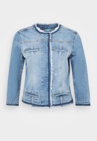 Jeansjacka i ljusblått med fransade kanter, strukturerad design, två framfickor och rund hals. Accenter inkluderar kontrasterande panelstygn.