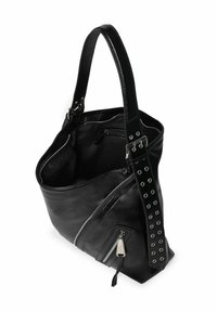 Sac fourre-tout en cuir noir avec une forme structurée, doté de deux poignées, d'appareils en métal argenté, de poches zippées et d'accents cloutés sur les sangles.