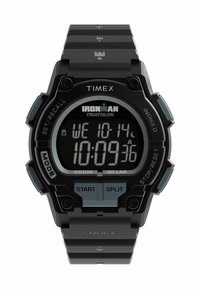 Black digital watch with plastic strap, features a rectangular face, multi-function buttons, and an illuminated display. Water-resistant to 200m.