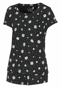 Schwarzes Kurzarmoberteil mit weißen Punkten und einem floralen Muster in Gelb- und Türkistönen. Glattes Material mit lockerer Passform.