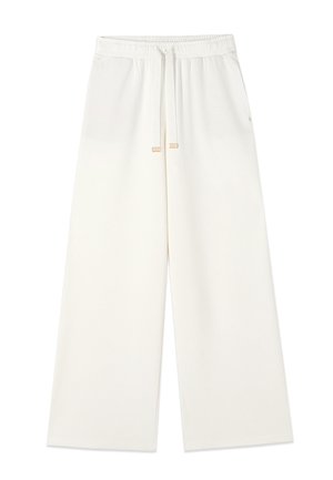White wide-leg pants with elastic waistband and front drawstring, made from soft fabric.