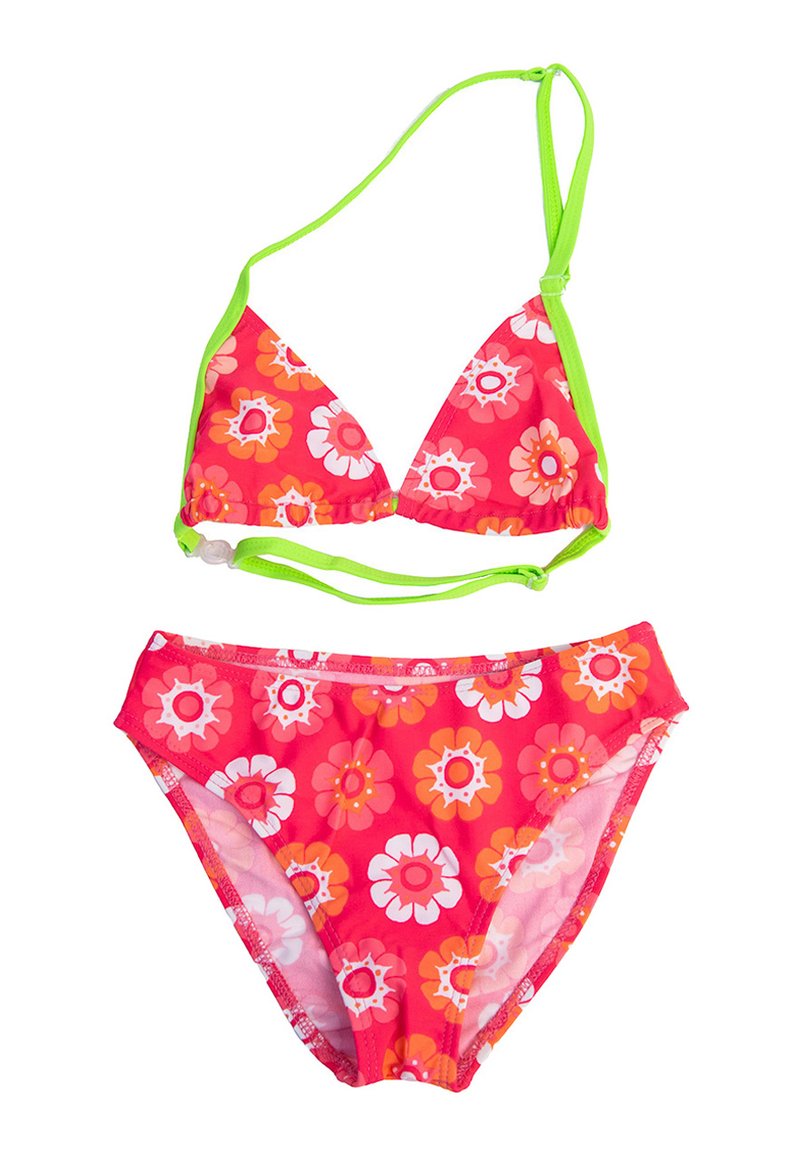 Różowy zestaw bikini w kwiaty z trójkątnym stanikiem z jasnoniebieskimi ramiączkami i pasującymi wysokim stanem majtkami, obie części w kwiatowy wzór.