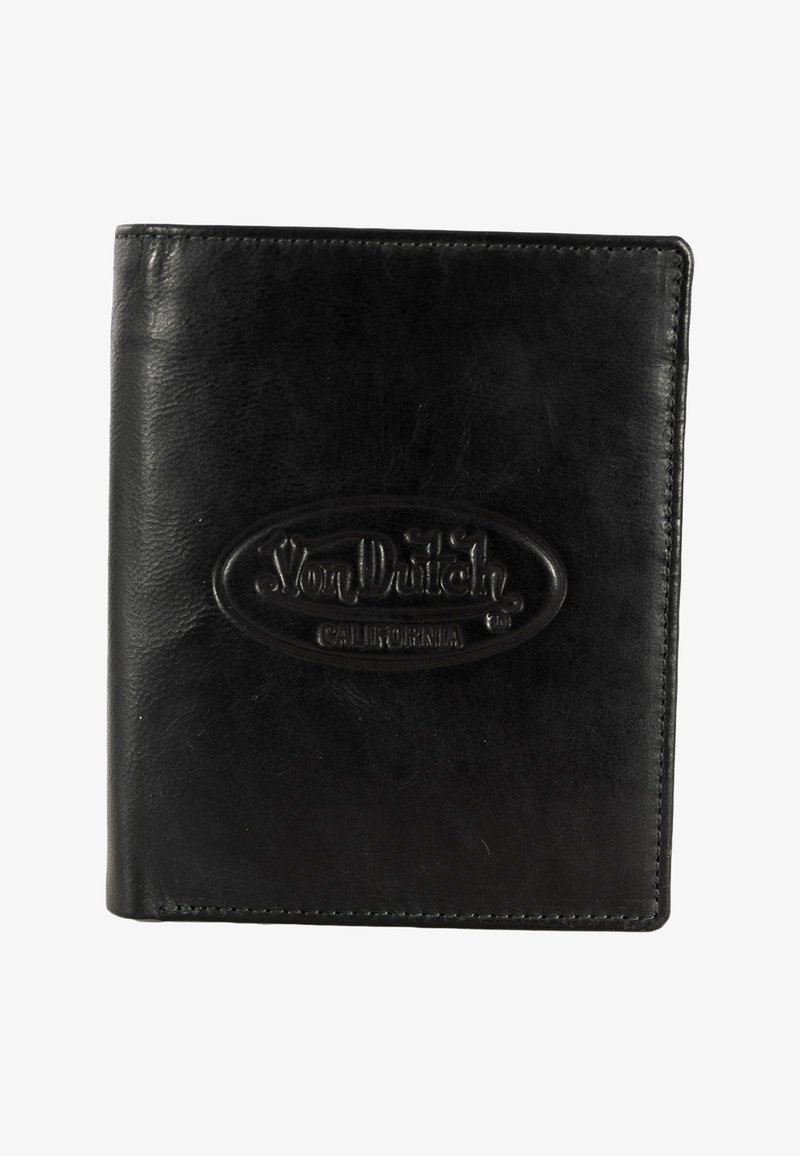 Portefeuille en cuir noir bi-pli avec logo en relief Von Dutch California sur la couverture avant.