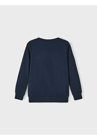 Sudadera azul marino con mangas largas, escote redondo y puños y dobladillo acanalados. Fabricada en una tela suave, con una textura simple y lisa.