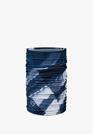 Mehrfarbiger, röhrenförmiger Halswärmer in Navy- und Weißtönen, mit geometrischem Muster und aus dehnbarem, leichtem Material gefertigt.