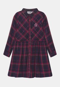 Námořnické kostkované šaty s dlouhými rukávy, knoflíkovým předním zapínáním, řaseným pasem a detaily v podobě třpytivé růžové hvězdy. Vyrobeno z měkké, texturované látky.