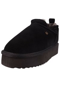 Czarne buty wsuwane o welurowej fakturze, z elastycznymi bokami, grubą gumową podeszwą i miękką, futrzaną podszewką wewnętrzną.