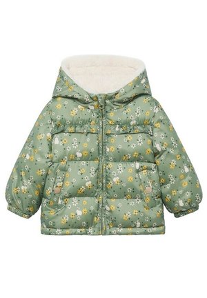 Veste matelassée verte pour enfants avec capuche, imprimé floral jaune et blanc avec des lapins, fermeture éclair devant et deux poches à rabat avec boutons-pression.