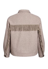 Beige jacket with a textured felt material, featuring long fringe detailing across the upper back and arms, and button cuffs.