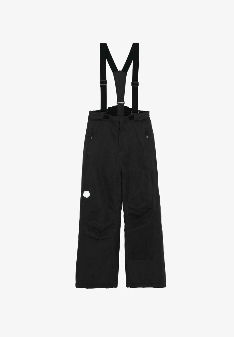 Svarta snöbyxor med justerbara hängslen, förstärkta knän, dragkedjefickor och en vit hexagonal logotyp på underbenet.