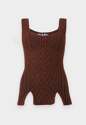 Pruun kudumiga tank top ribakujulise tekstuuriga, geomeetriliste mustritega, laiade õlavarre rihmadega ja kehakujulise siluetiga.