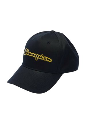 Cappellino da baseball nero con visiera curva e logo "Champion" ricamato in giallo sul pannello frontale.