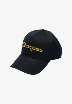 Cappellino da baseball nero con visiera curva e logo "Champion" ricamato in giallo sul pannello frontale.
