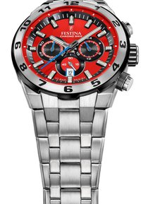 Montre chronographe rouge avec bracelet en acier inoxydable, dotée d'une lunette noire, de marqueurs d'heure lumineux et de plusieurs sous-cadrans pour les fonctions de chronométrage.